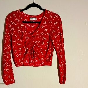 Hollister Red Ruched Tie Front 3/4 Sleeve Blouse